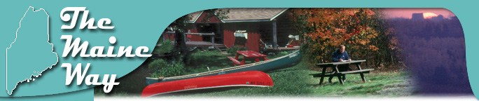 The Maine Way banner with canoes and a picnic table