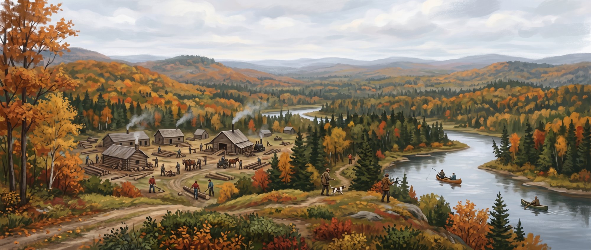 Illustration of The Allagash is a logging community and is known for it's hunting and fishing opportunities. I would like images that depict these activities and at least one needs to depict a logging camp with loggers milling about.