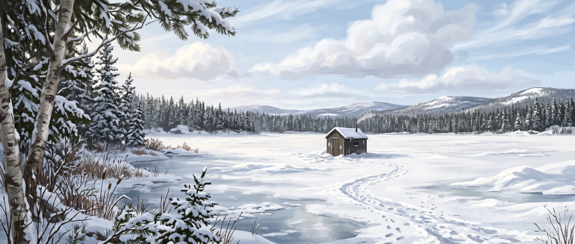 Illustration of a frozen lake under a pale winter sky with a small ice-fishing shanty and a line of snowy spruce in winter