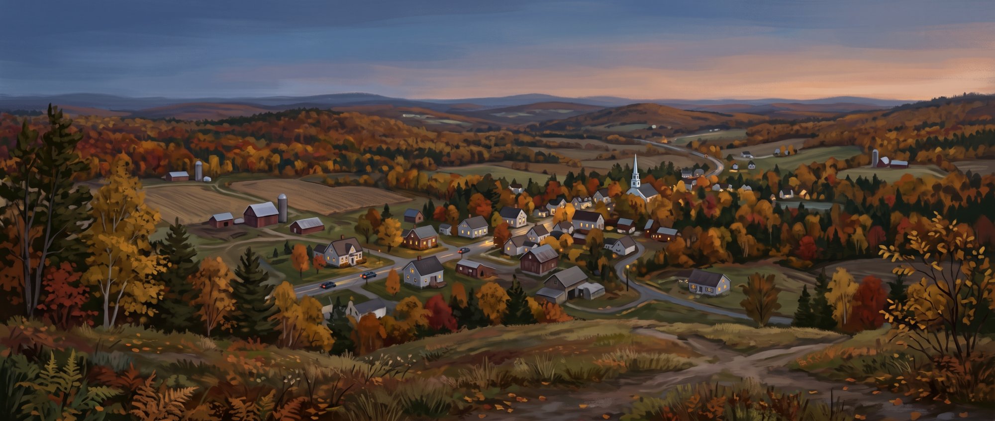 Illustration of I would like you to use images of the area in and around Amity, Maine in Aroostook County to depict small town Maine.