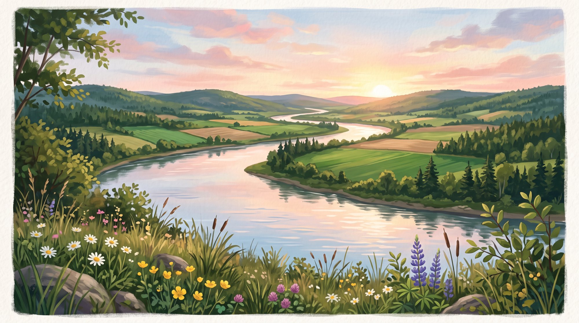 Illustration of a broad, quiet river winding through a valley of farmland and low rolling hills in summer