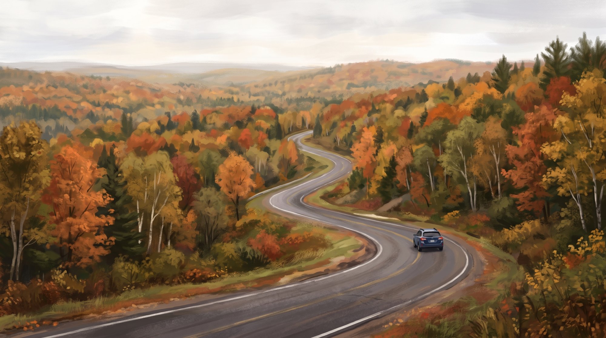 Illustration of I would like images that depict a drive from Ashland, Maine to Fort Kent Maine on US Rt 11 during the peak fall foliage season. I only want paved roads with a car on them in each image..