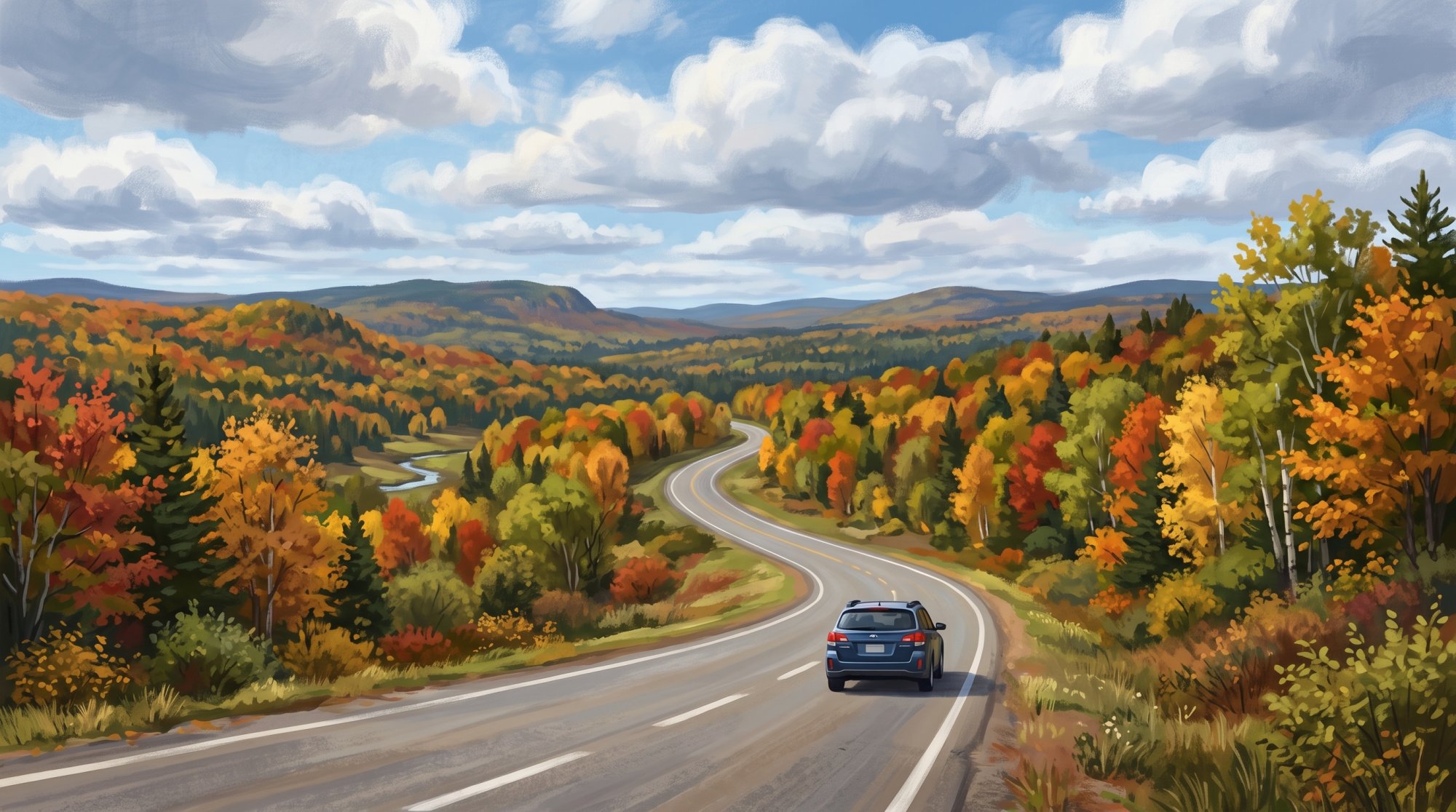 Illustration of I would like images that depict a drive from Ashland, Maine to Fort Kent Maine on US Rt 11 during the peak fall foliage season. I only want paved roads with a car on them in each image..