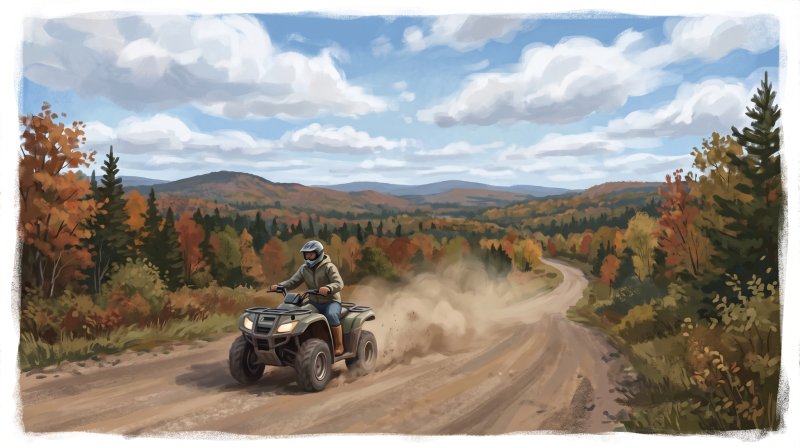 Illustration of I want the images to depict only one ATV rider in an area in Northern Maine, Aroostook County on a dirt road where there is dust flying up behind the wheels of the ATV