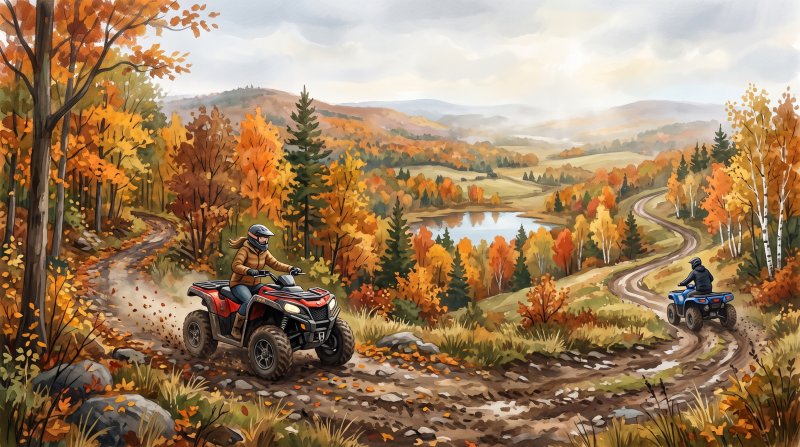 Illustration of I would like images that depict different people on ATV's riding the trails in and around Aroostook County Maine. I do not want the images to be the same scene, they must be different.