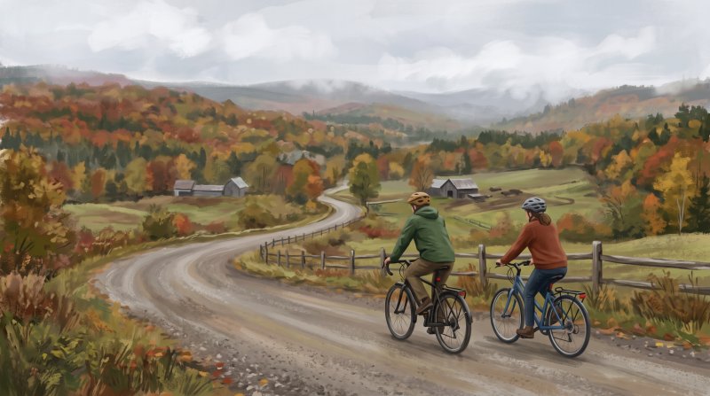 Illustration of I would like images of a couple biking in an area in Northern Maine, Aroostook County. I want the images to be differrent in each spot with different view. I want the peopple to be safely riding on a road where there are no cars.