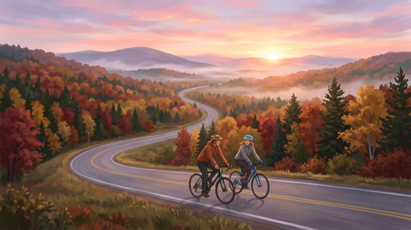 Illustration of I would like images of a couple biking in an area in Northern Maine, Aroostook County. I want the images to be differrent in each spot with different view. I want the peopple to be safely riding on a road where there are no cars.