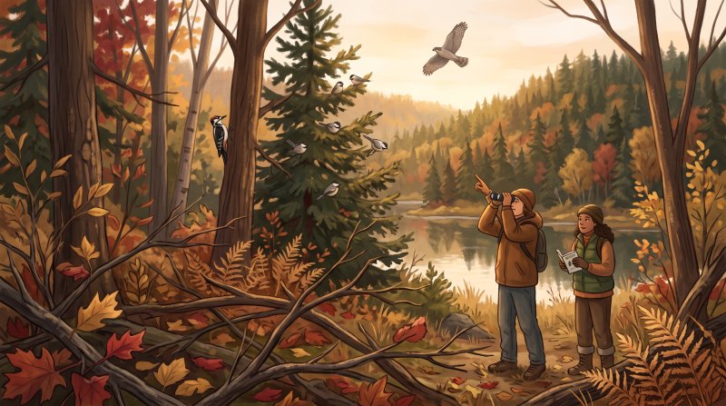 Illustration of I would like images depicting people actively doing the activity of bird watching in areas around Aroostook County Maine. I would like images that depict birds that can be found natively in Aroostook County.