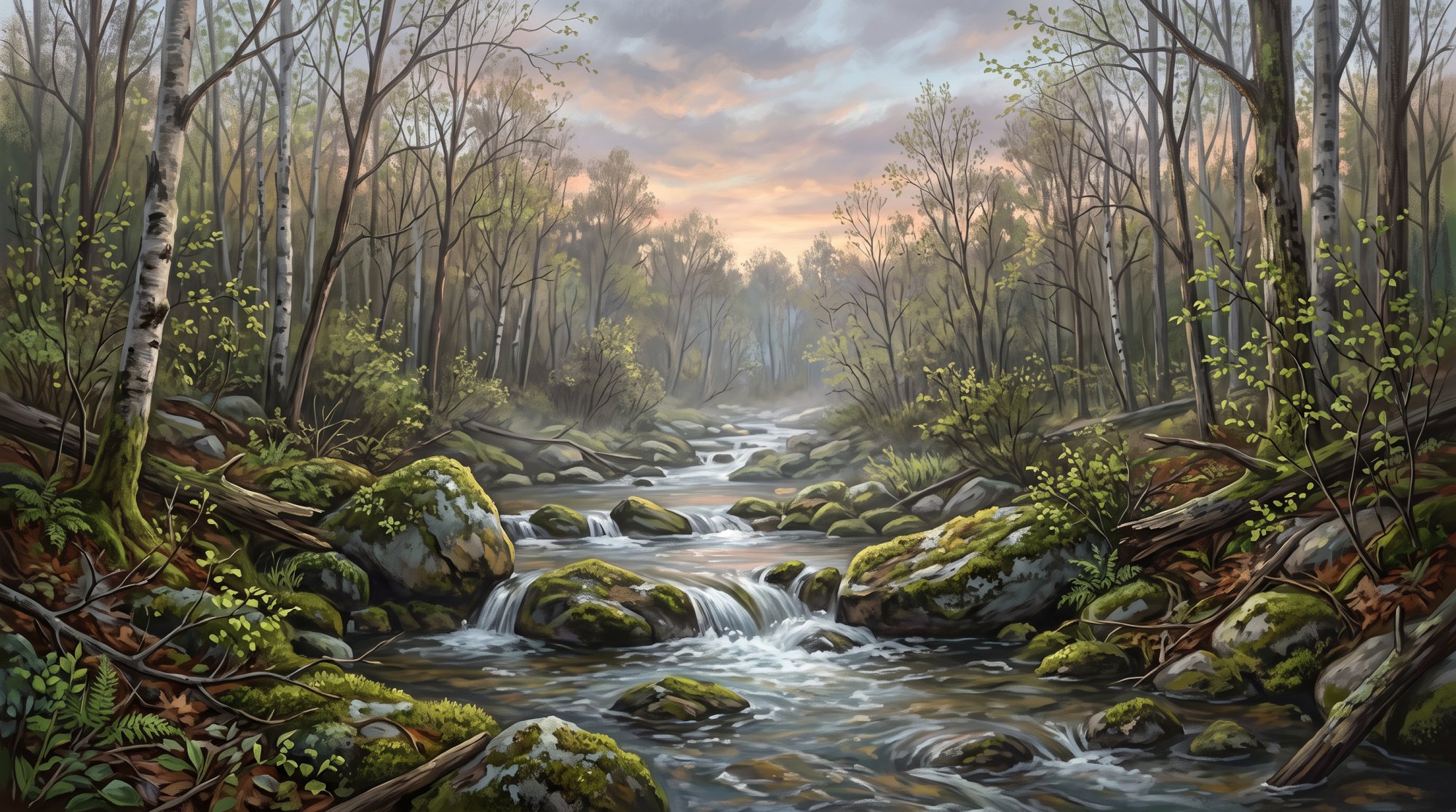 Illustration of a clear brook tumbling over mossy rocks through a quiet hardwood forest in spring