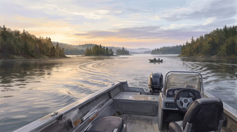 Illustration of I would like images that depict authentic Boating in Aroostook County Maine. I want each image to depict a different scene based on Boating in the season I have selected. The images need to depict modern times with motorboats not sail b...