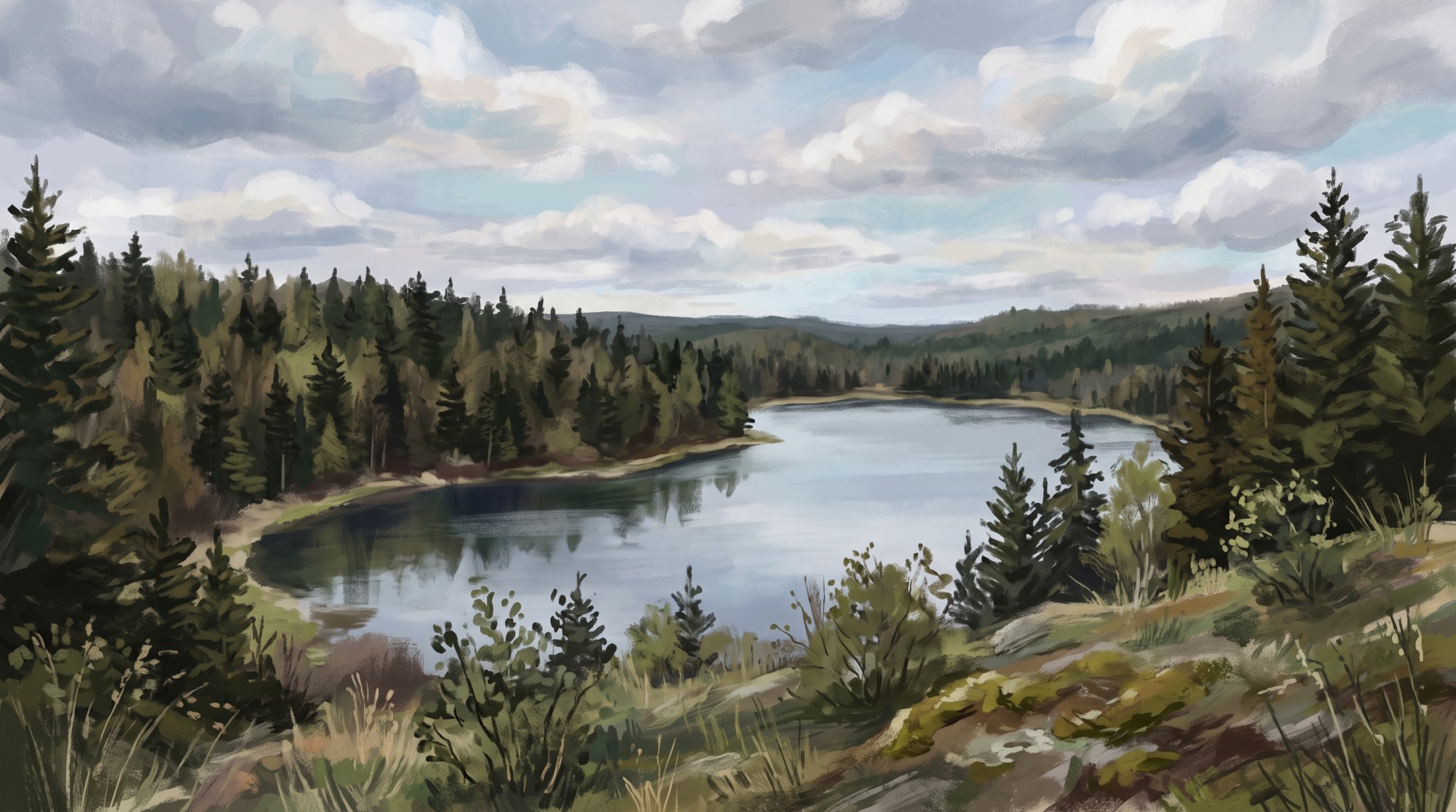 Illustration of a calm lake ringed by spruce and pine trees at the edge of a north woods forest in spring
