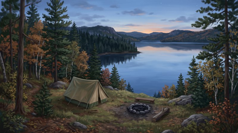 Illustration of a lakeside campsite with an empty tent, a fire ring and tall pines at golden hour in fall