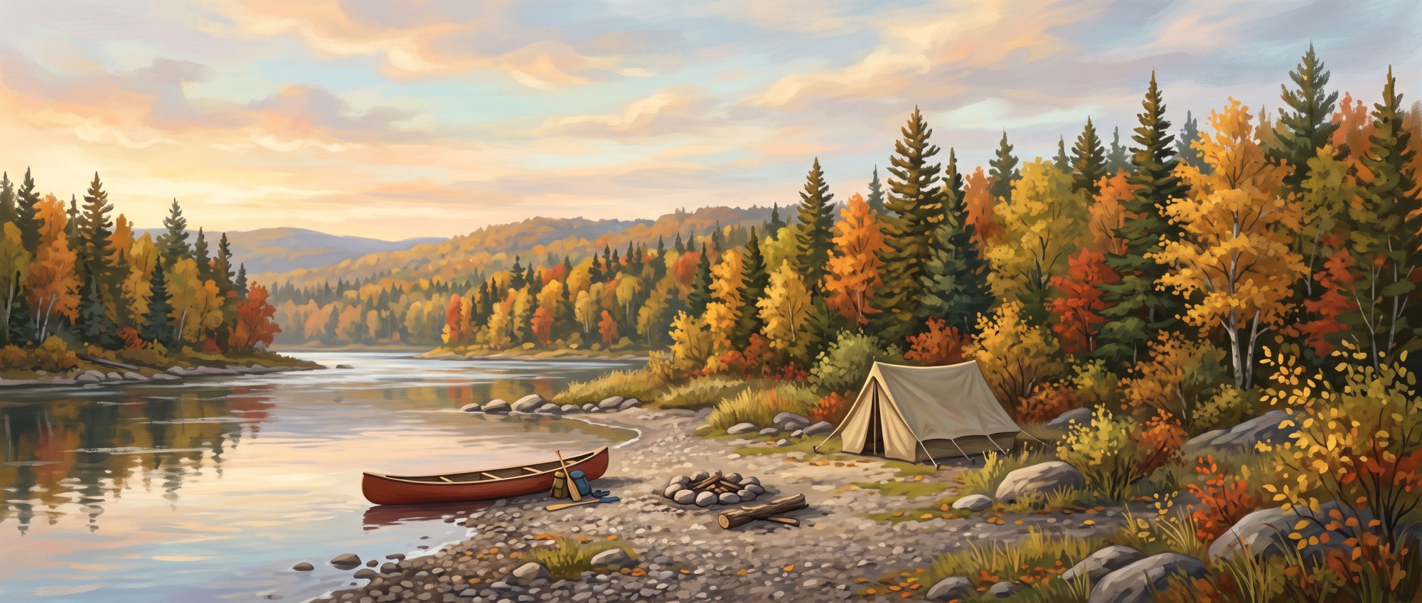 Illustration of a gravel riverbank campsite with a canoe pulled up and a spruce forest behind in fall
