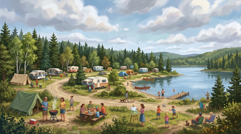 Illustration of I would like an image depicting a campground with campers and pople milling about doing activities camppers do in the summer.