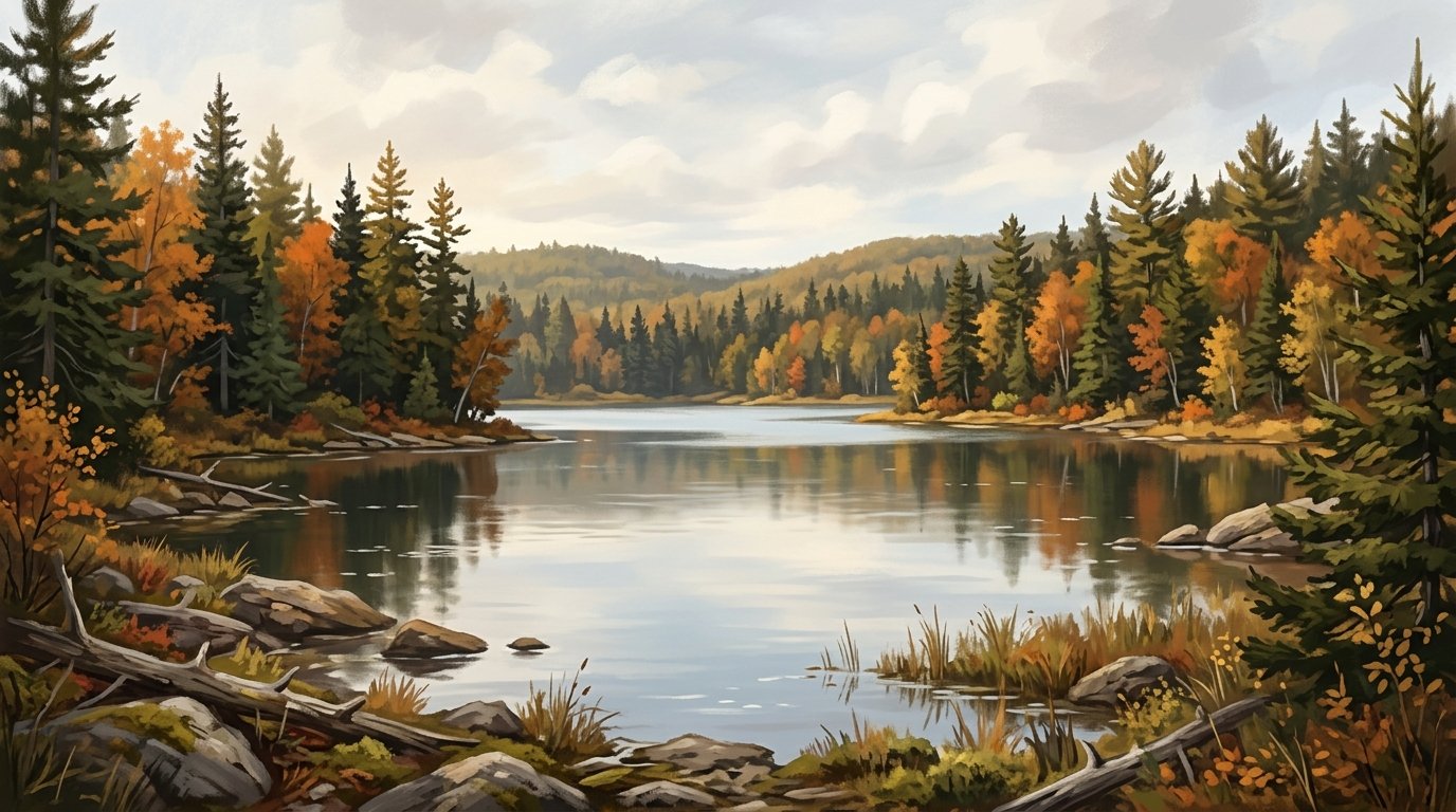 Illustration of a calm lake ringed by spruce and pine trees at the edge of a north woods forest in fall