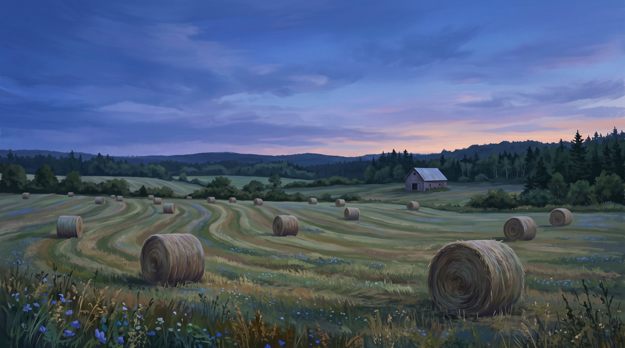 Illustration of a hayfield with round bales and a small distant barn under a big sky in summer