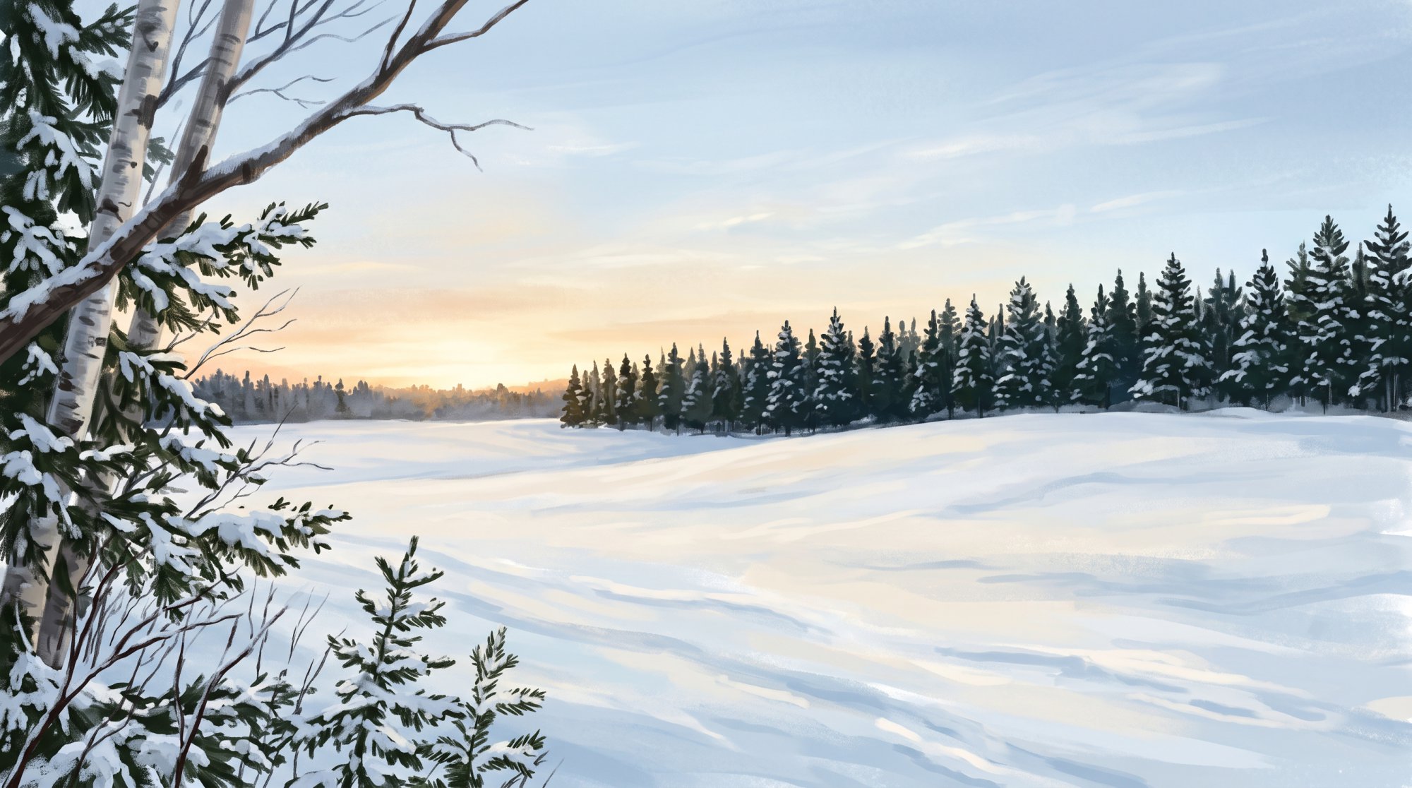 Illustration of a snow-covered farm field at dusk with a long line of evergreens and a faint glow on the horizon in winter
