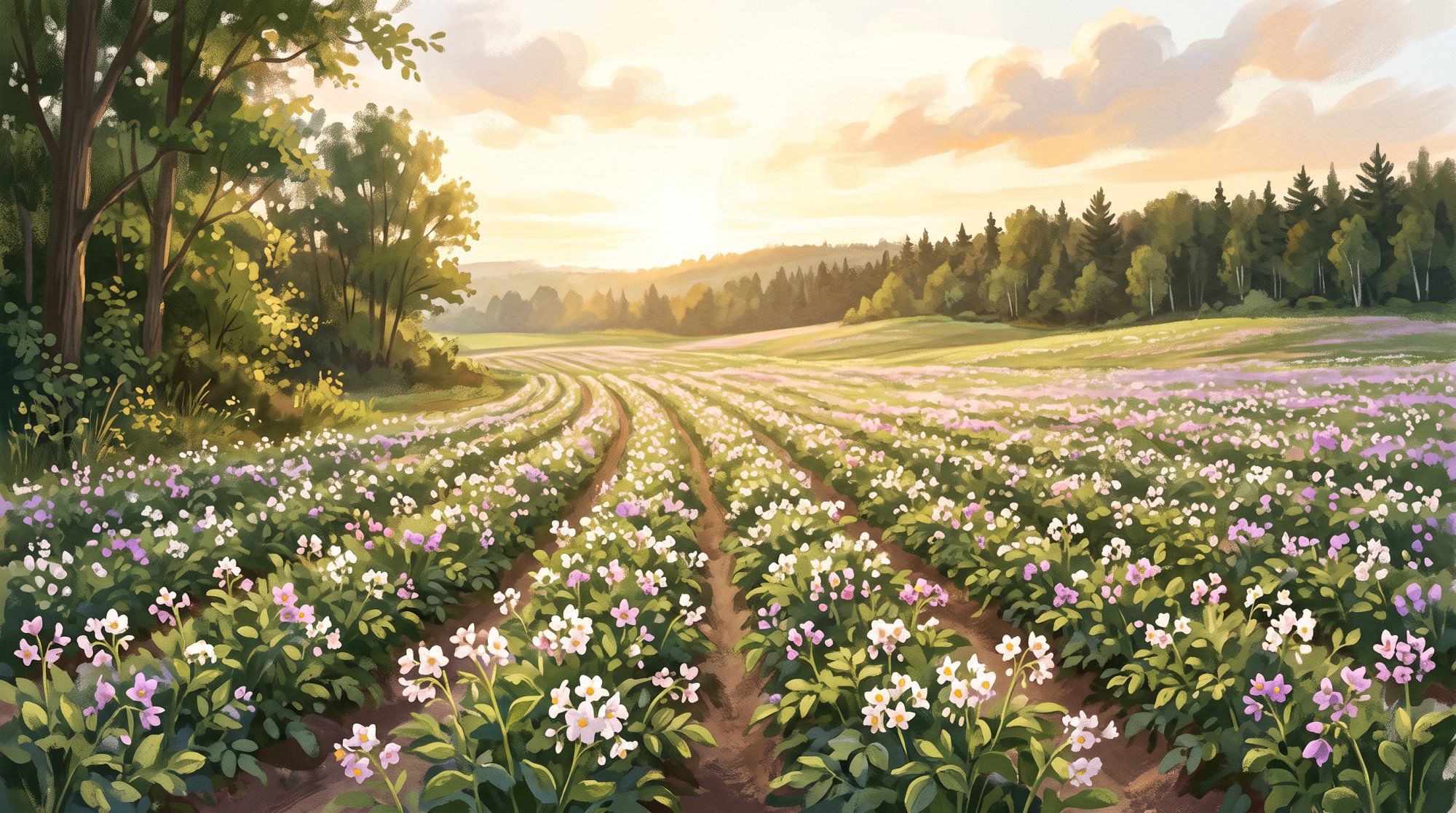 Illustration of a wide field of blooming potato plants stretching to a distant treeline in summer