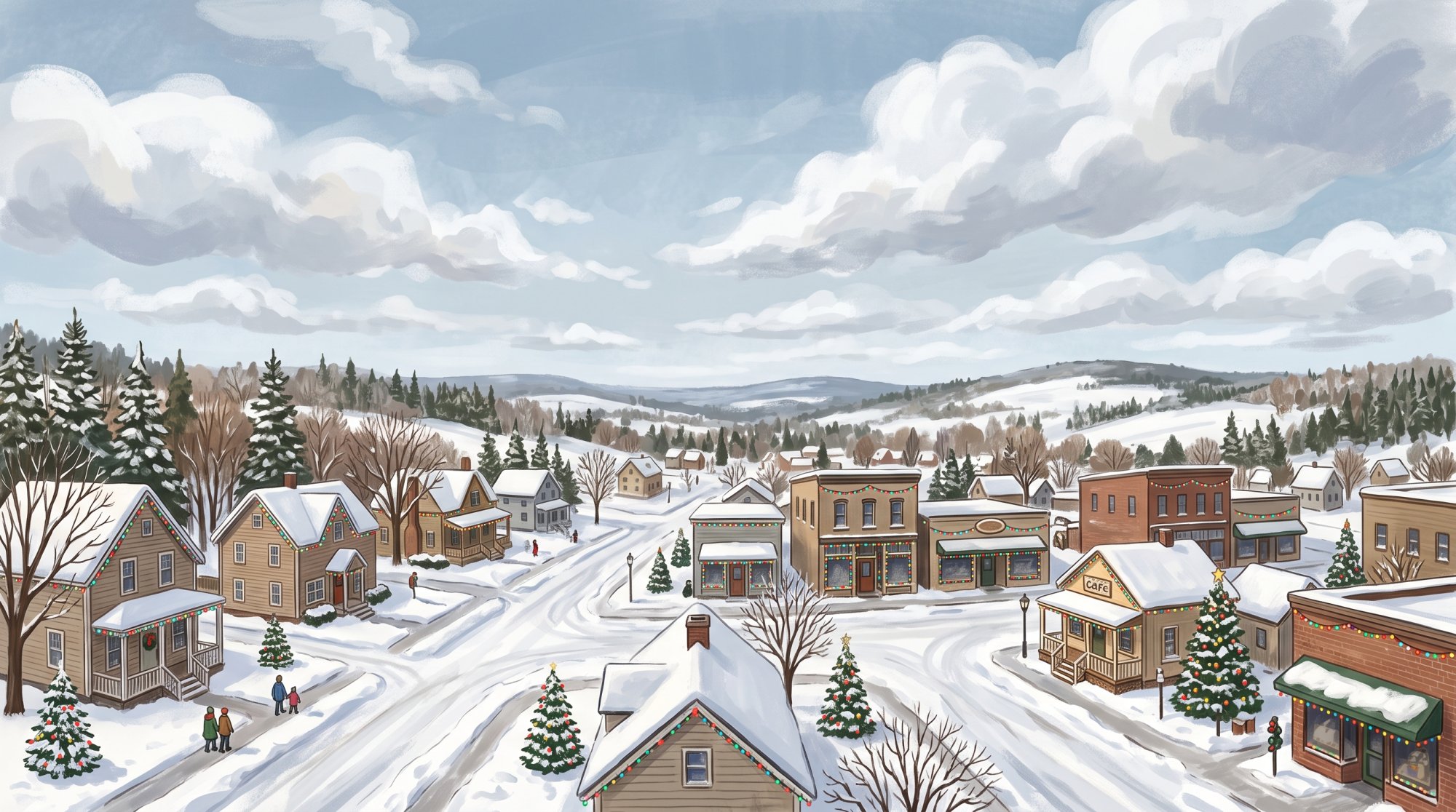 Illustration of I need images depicting Christmas lights in neighborhoods in Presque Isle and Fort Fairfield, Maine. I would also like images that depict businesses with a full light display.