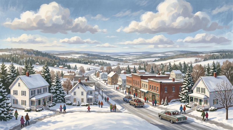 Illustration of I would like images depicting people in vehicles and walking in the winter in Aroostook County Maine looking at Christmas lights on businesses and homes. I would like a mixture of diffeerrent scenes.