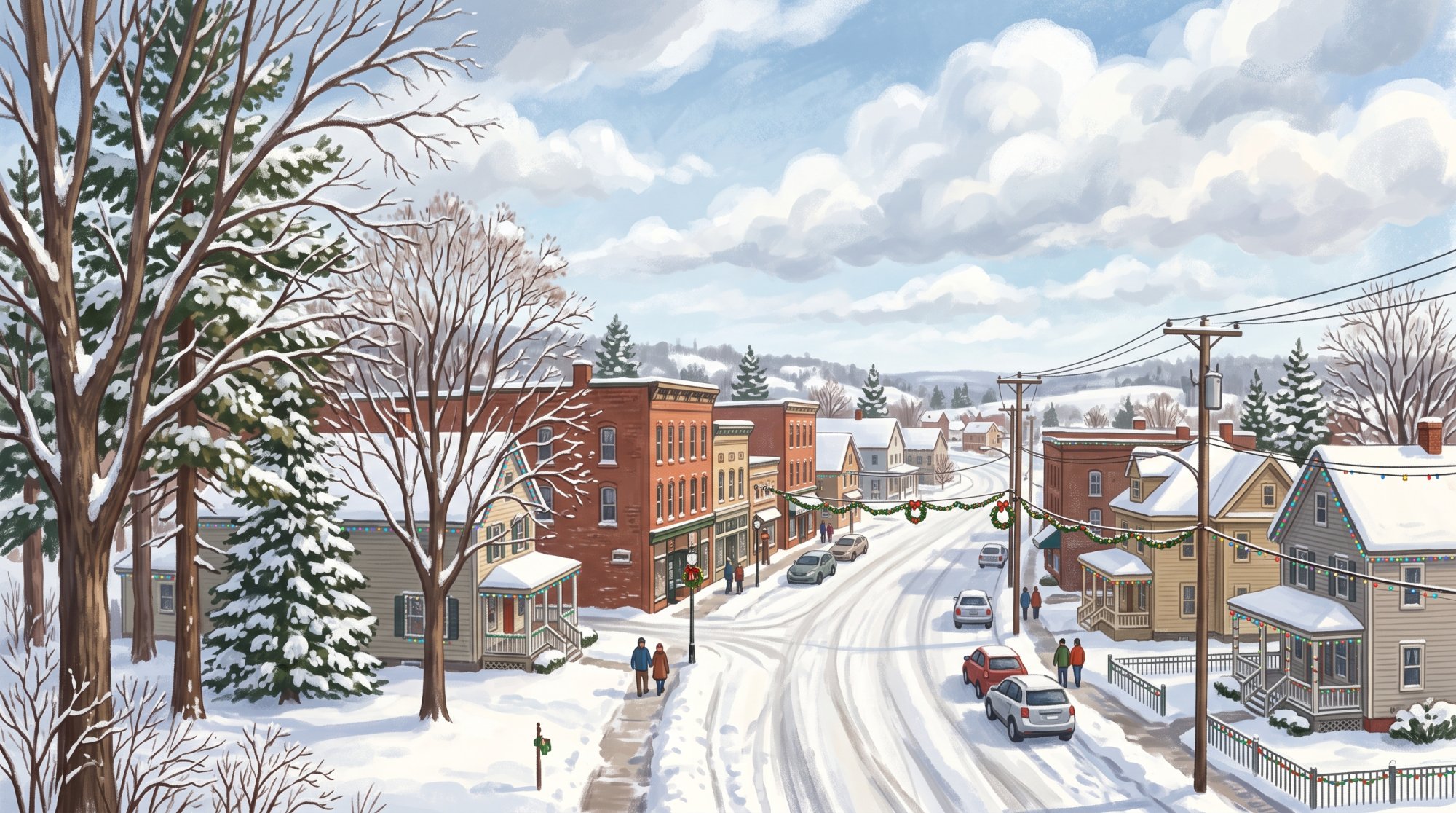 Illustration of I need images depicting Christmas Lights in downtown Houlton, Maine and the Court Street and Broadway residential areas of Houlton in the winter when the Christmas Lights are displayed on businesses and resdences.