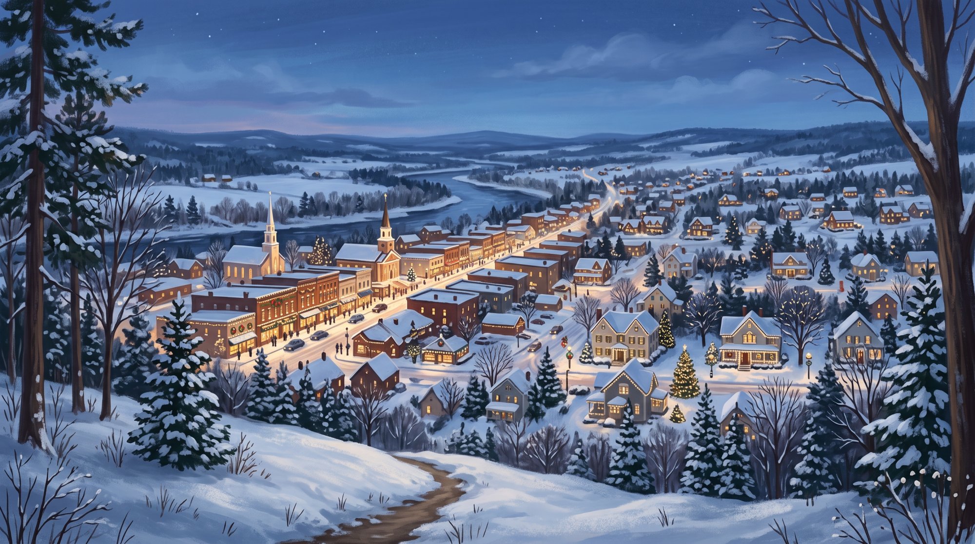 Illustration of I need images depicting Christmas Lights in downtown Houlton, Maine and the Court Street and Broadway residential areas of Houlton in the winter when the Christmas Lights are displayed on businesses and resdences.