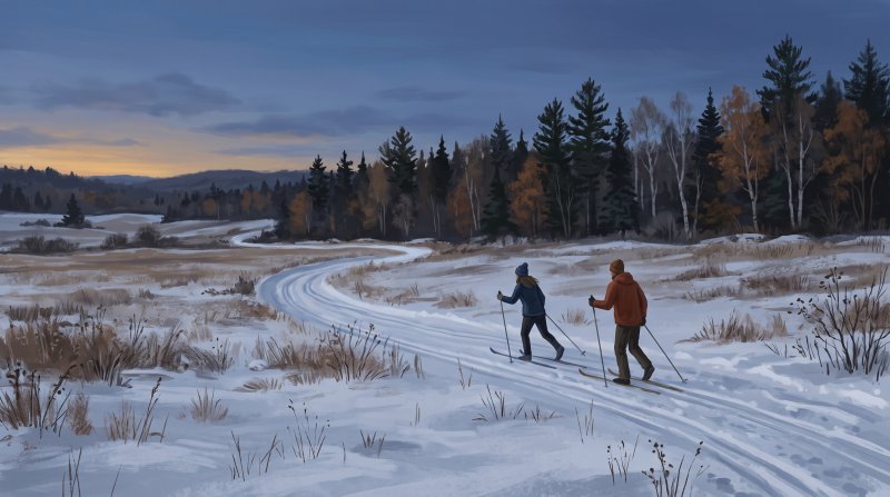 Illustration of I would like the images to depict a couple cross country skiing in the fields headed toward the wood tree line on a different trail in each image..
