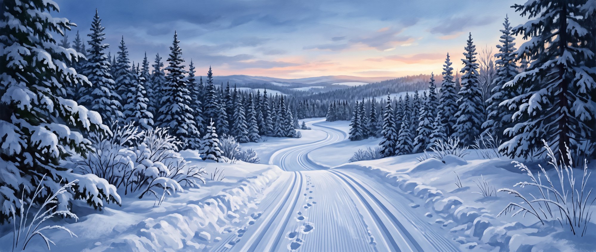 Illustration of a groomed cross-country ski track running through snowy spruce woods at sunrise in winter
