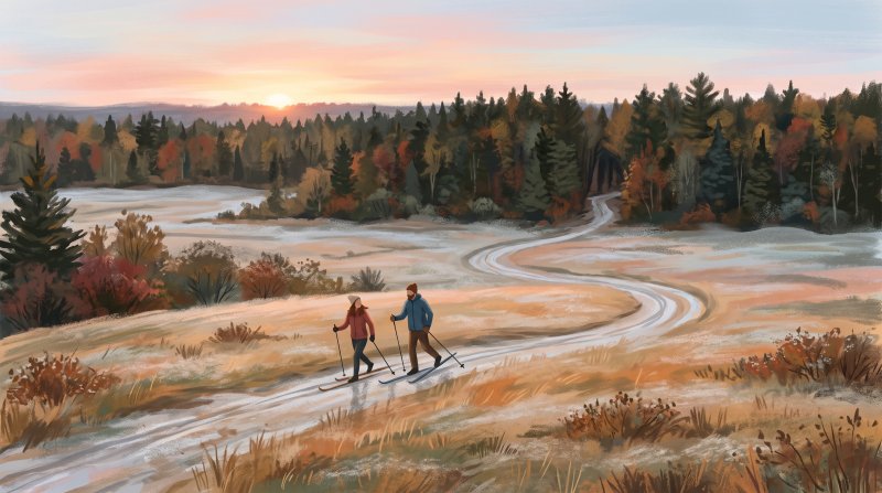 Illustration of I would like the images to depict a couple cross country skiing in the fields headed toward the wood tree line on a different trail in each image..