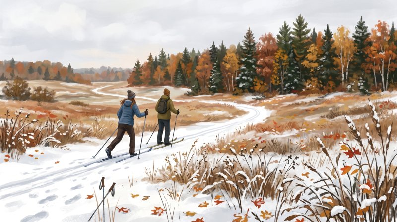 Illustration of I would like the images to depict a couple cross country skiing in the fields headed toward the wood tree line on a different trail in each image..