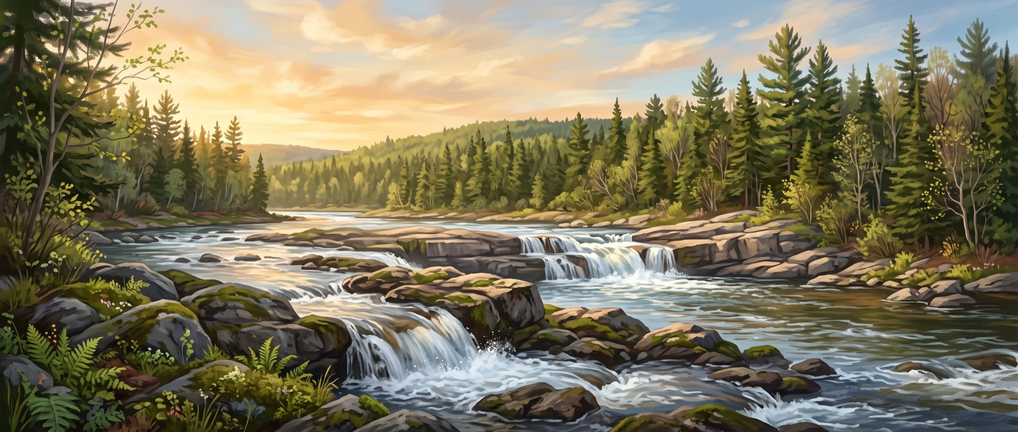 Illustration of a river tumbling over broad stone ledges in a gentle waterfall surrounded by evergreens in spring