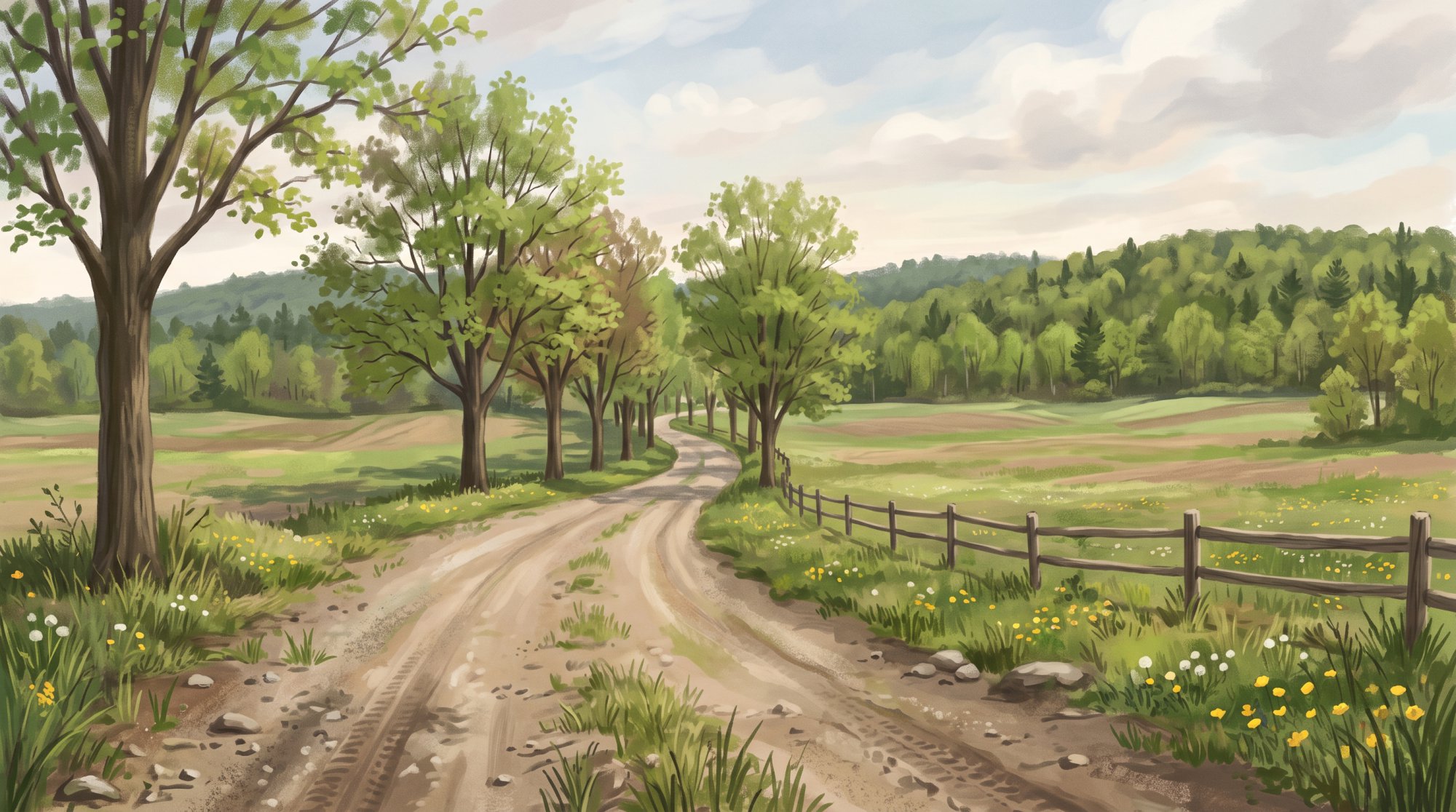 Illustration of a quiet country road lined with maple trees between open farm fields and a wooded ridge in spring