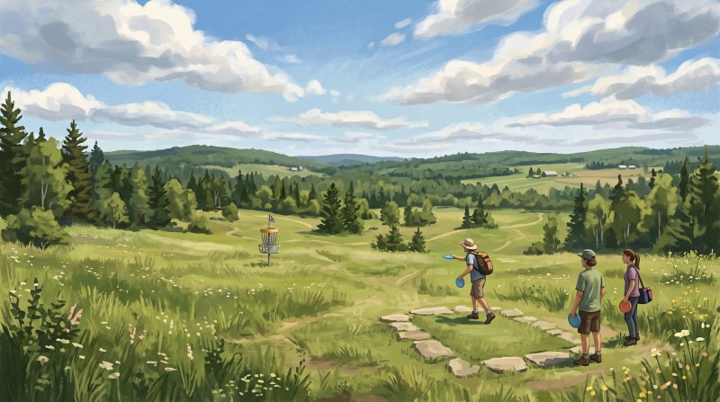 Illustration of I would like images that depict authentic Disc Golf in Aroostook County Maine. I want each image to depict a different scene based on Disc Golf in the season I have selected. The images need to depict modern times with people playing di...