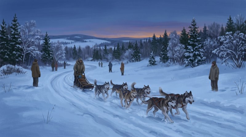 Illustration of I would like images depicting the Can Am Dog Sled Races in Aroostook County, Maine in the winter in the different areas of Aroostook County where the race is run.