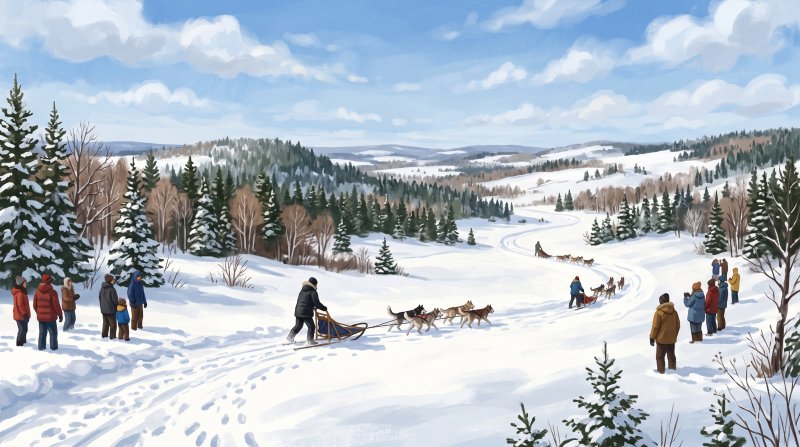 Illustration of I would like images depicting the Can Am Dog Sled Races in Aroostook County, Maine in the winter in the different areas of Aroostook County where the race is run.