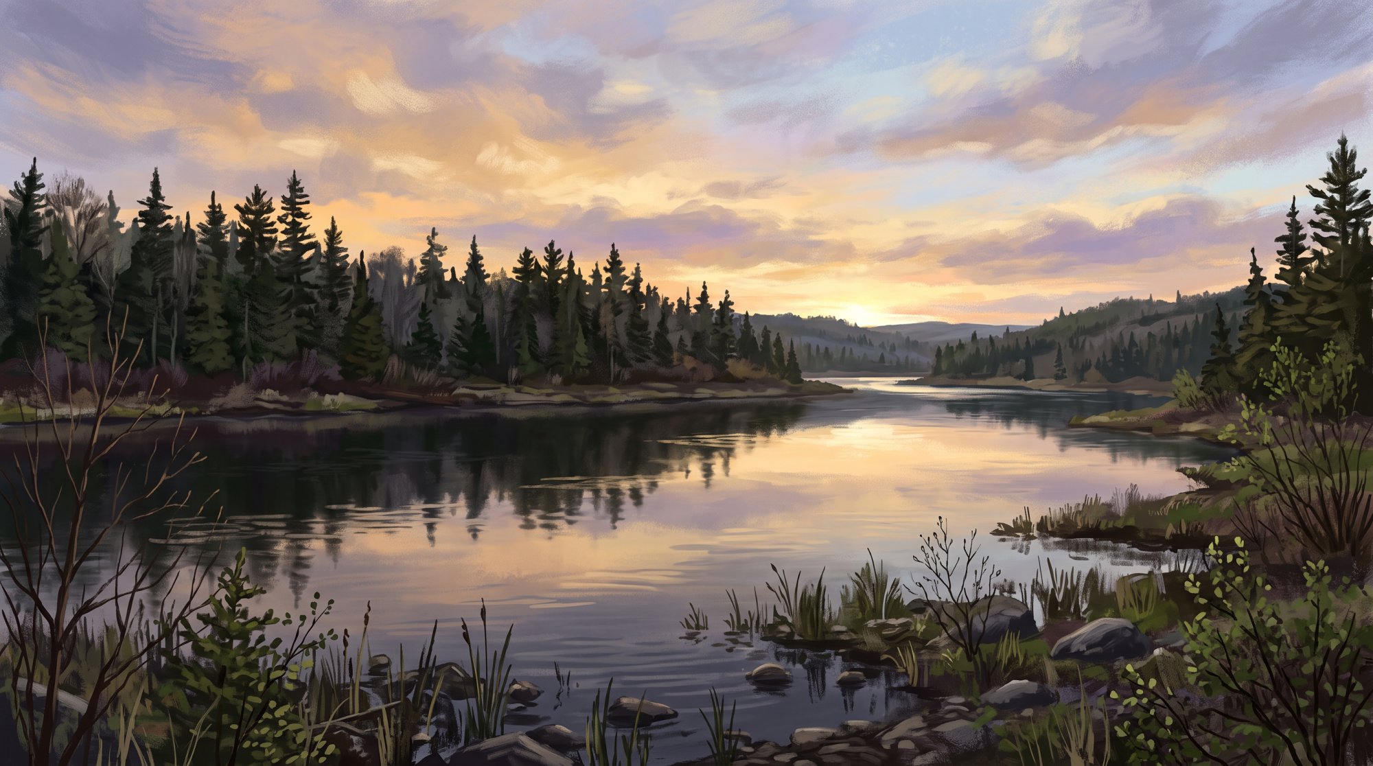 Illustration of a calm river reflecting a glowing evening sky, with dark spruce along the far bank in spring