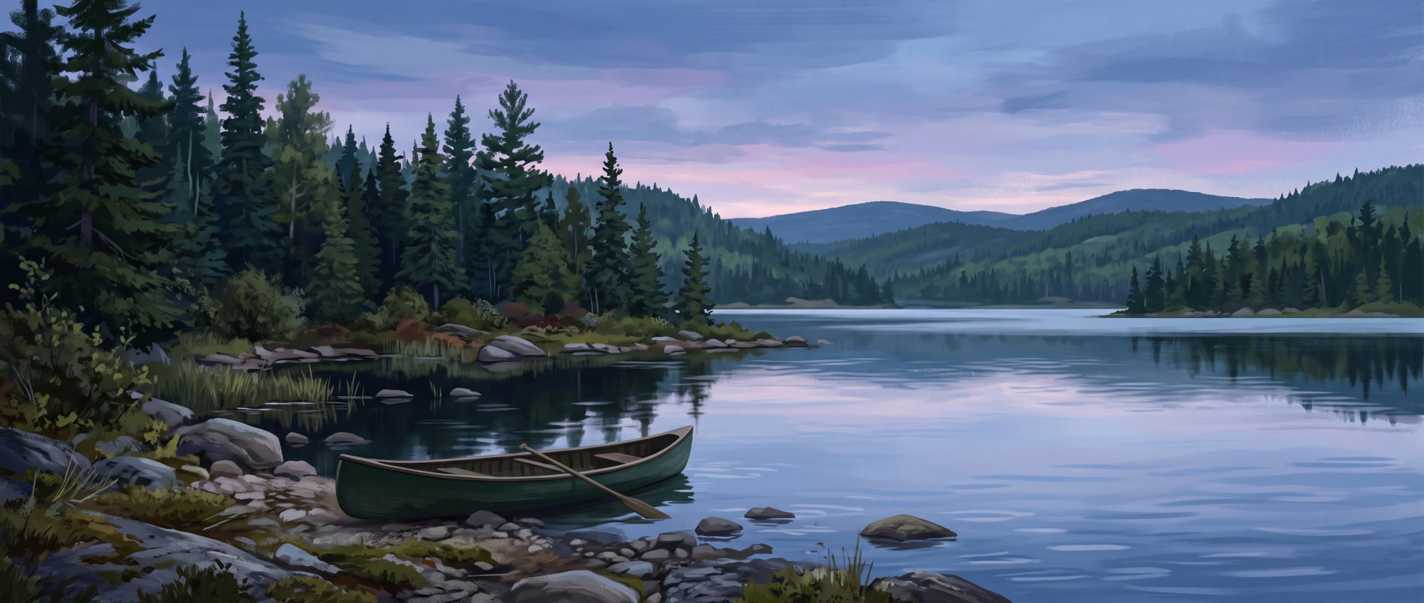 Illustration of a quiet lake at dawn with a canoe resting on a rocky shore and spruce trees behind in summer