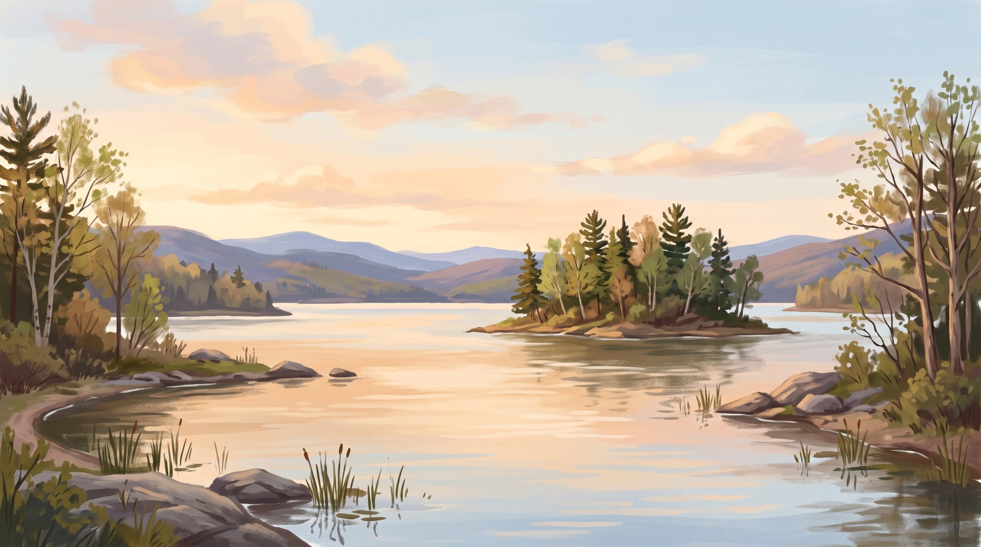 Illustration of a wide lake with a small wooded island and distant hills under a soft sky in spring