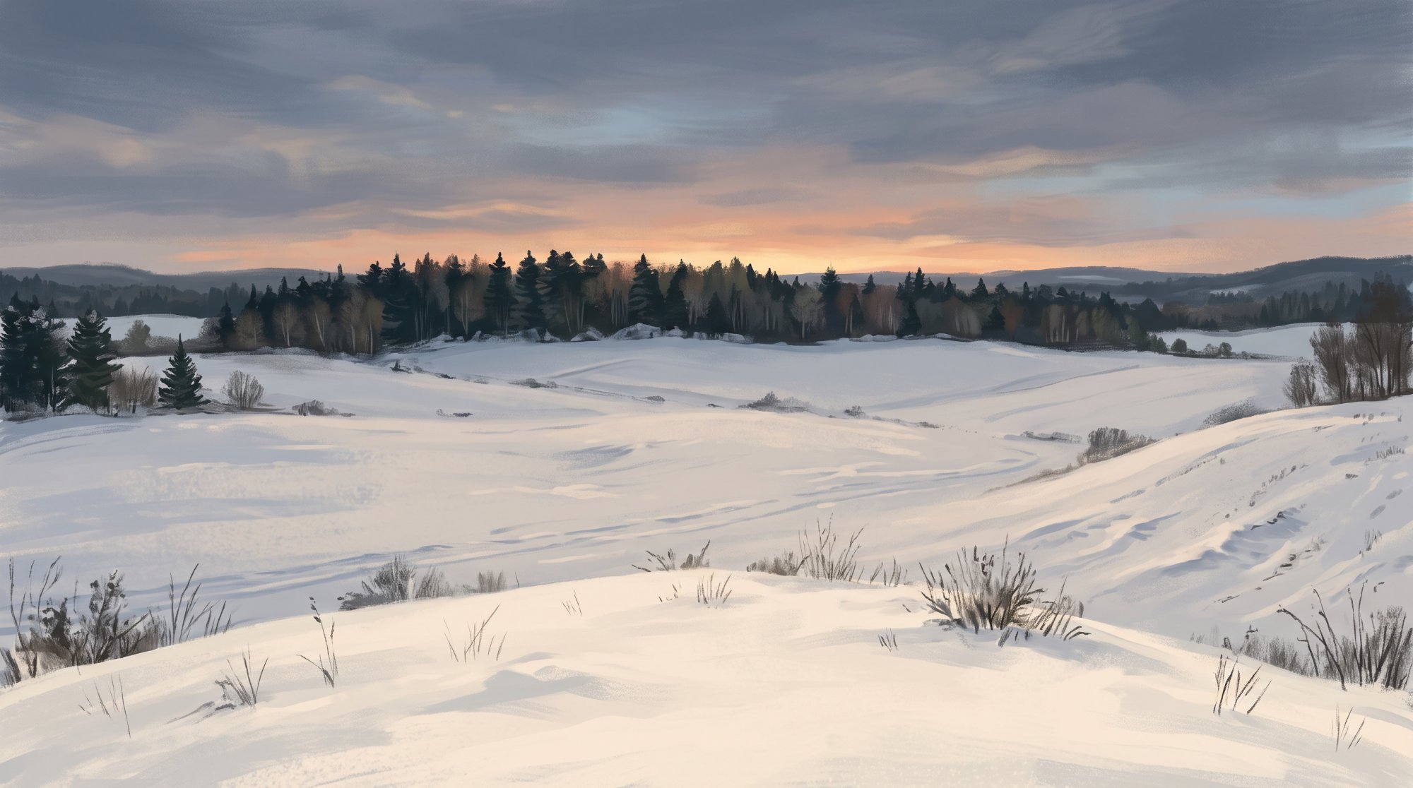 Illustration of a snow-covered farm field at dusk with a long line of evergreens and a faint glow on the horizon in winter