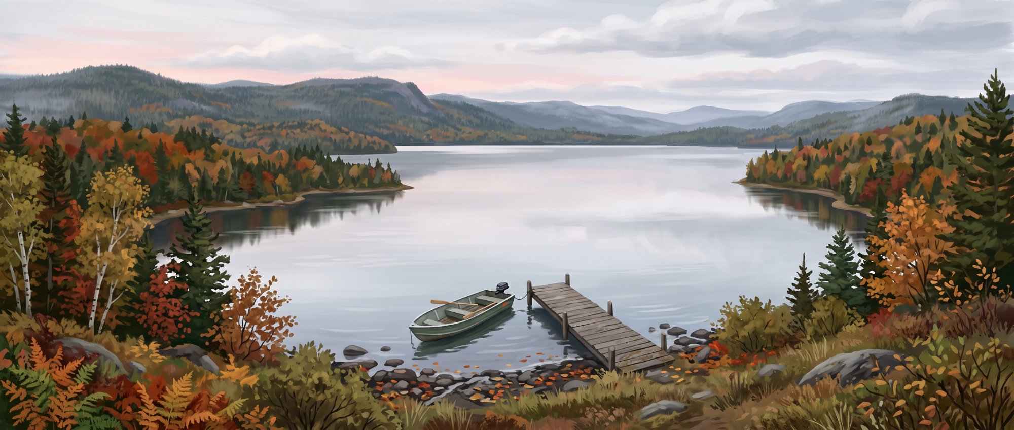 Illustration of a calm lake at dawn with a wooden dock and a small aluminum fishing boat tied up in fall