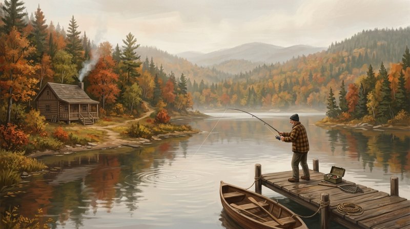 Illustration of I would like images depicting a fisherman in different rivers and streams for three of the images and the main image I want to depict a fisgereman on a dock at a lake camp deep in the woods of norther Maine.