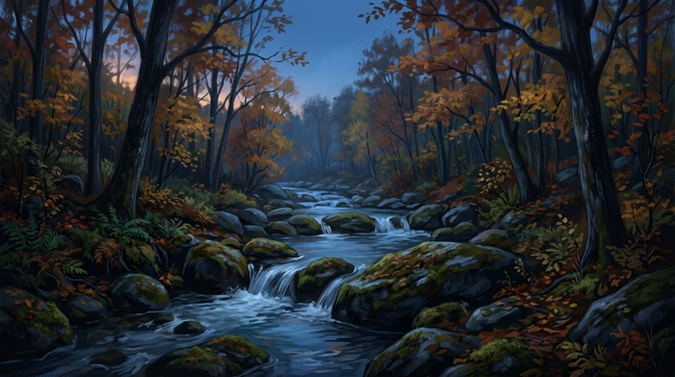 Illustration of a clear brook tumbling over mossy rocks through a quiet hardwood forest in fall