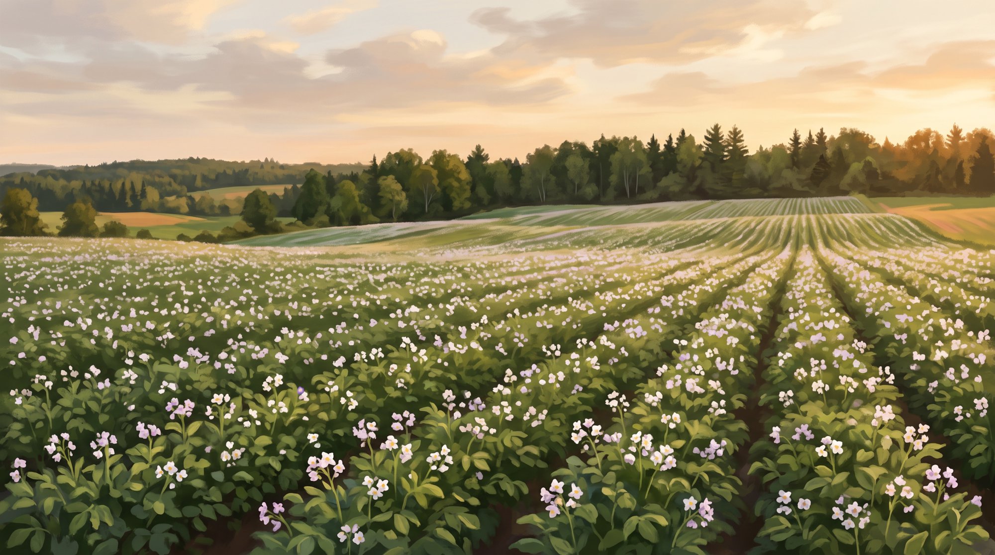 Illustration of a wide field of blooming potato plants stretching to a distant treeline in summer