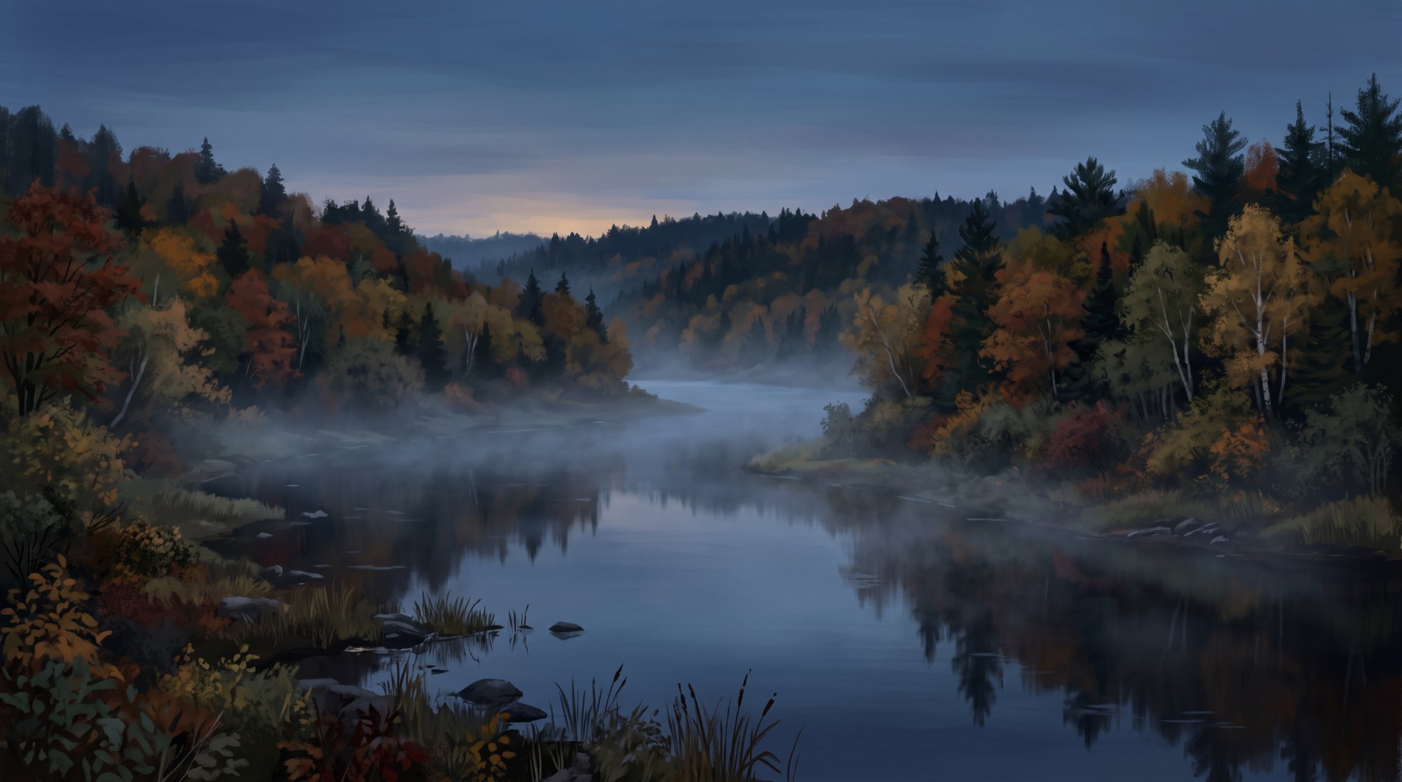 Illustration of a still river with mist rising from the water between forested banks in fall