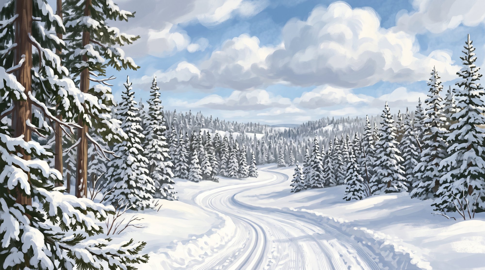 Illustration of a snow-covered spruce forest with a groomed trail winding between the trees in winter