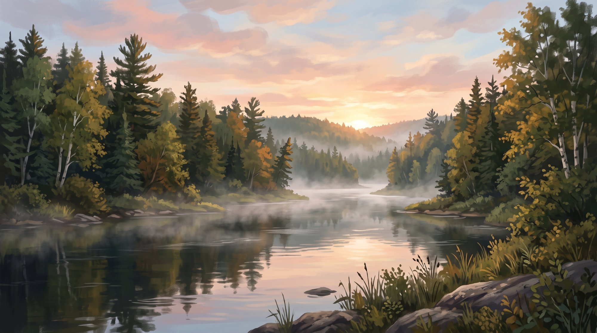Illustration of a still river with mist rising from the water between forested banks in summer