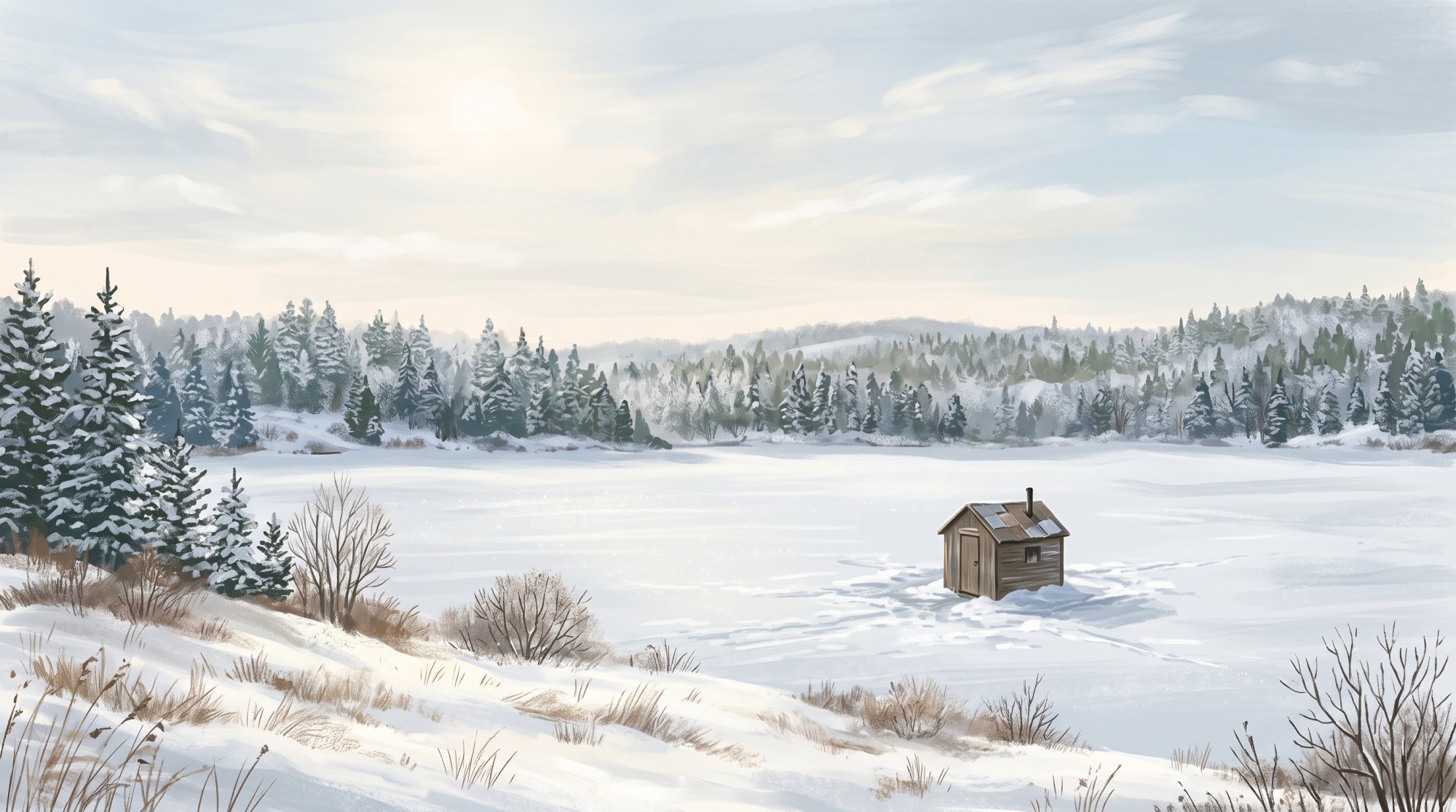 Illustration of a frozen lake under a pale winter sky with a small ice-fishing shanty and a line of snowy spruce in winter