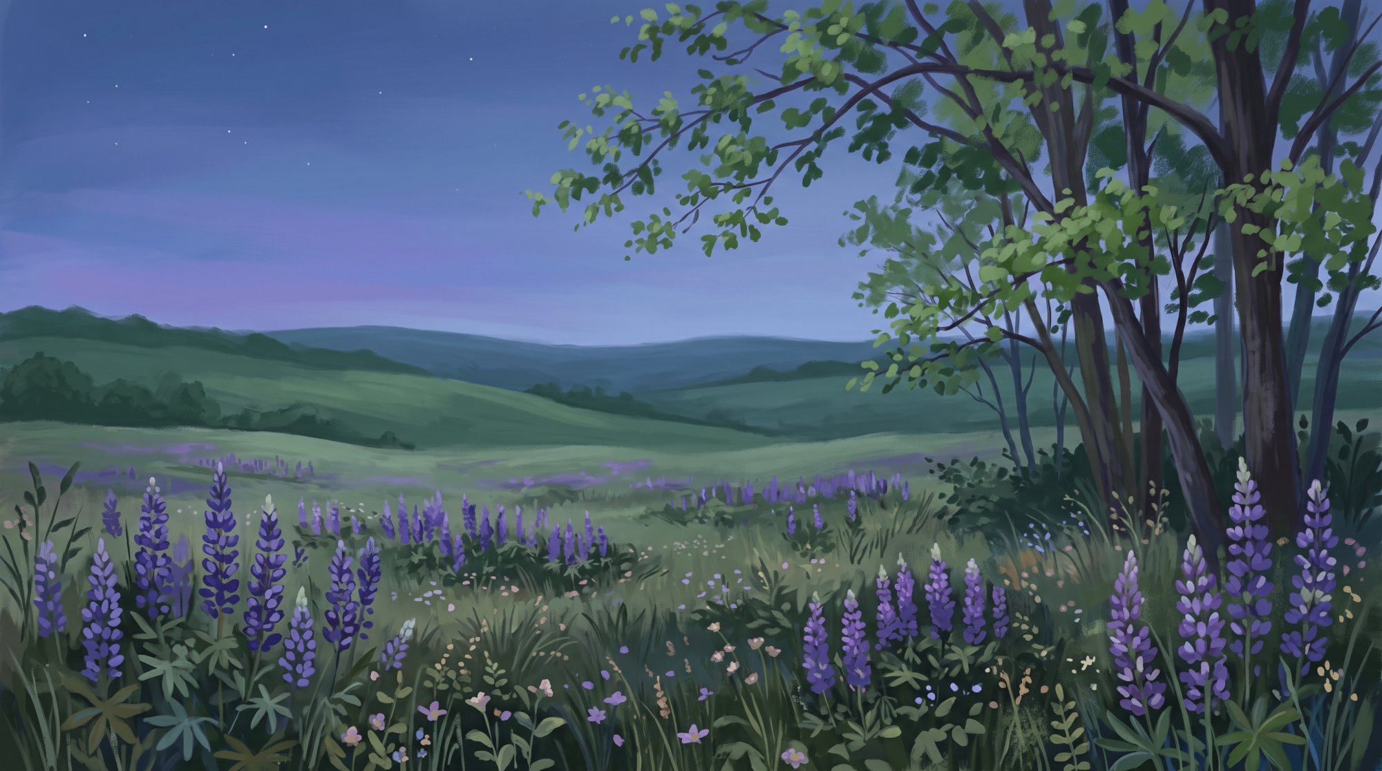 Illustration of a meadow of purple lupines and wildflowers with a farmhouse-free horizon of green hills in spring