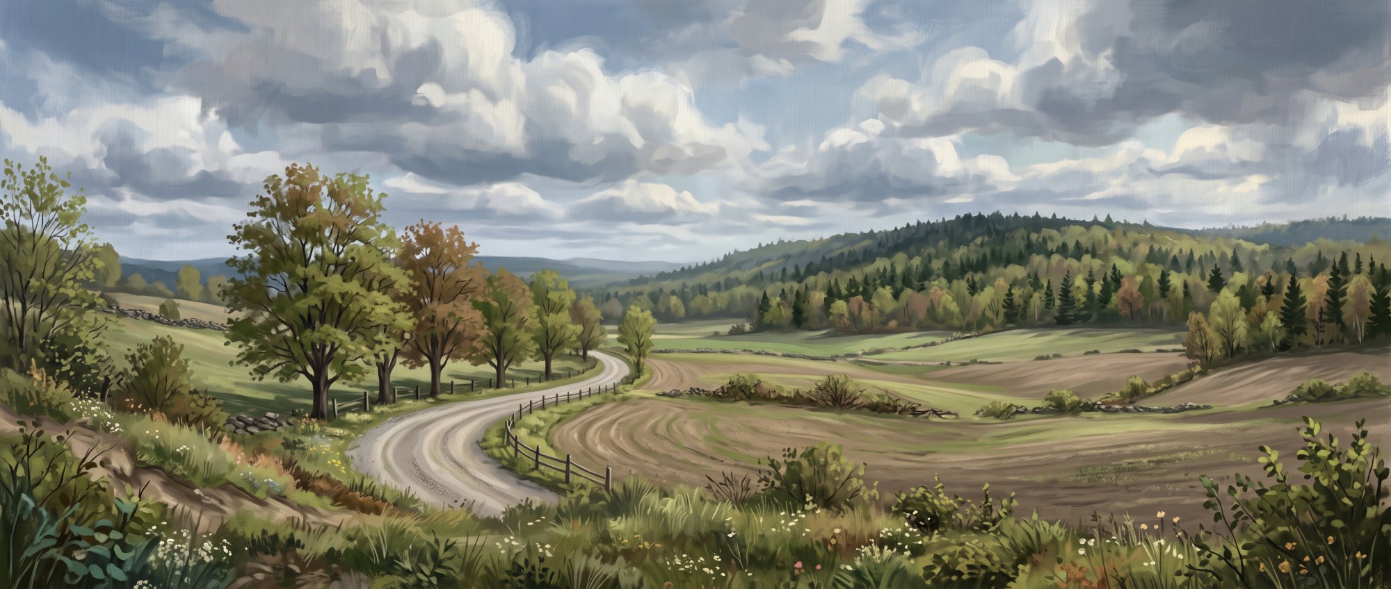 Illustration of a quiet country road lined with maple trees between open farm fields and a wooded ridge in spring