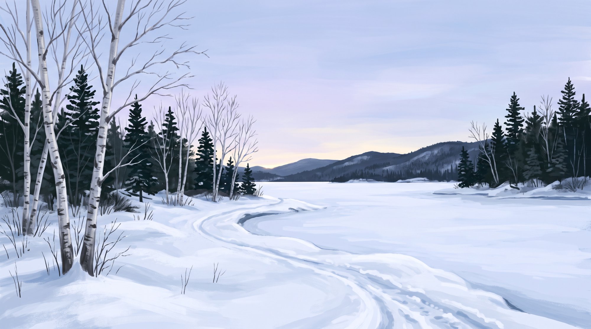 Illustration of a snow-covered lake shore with bare birches and dark spruce under a pale winter sky in winter